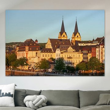 Peter-Altmeier-Ufer an der Mosel mit Altstadt im Abendlicht, Koblenz, Rheinland-Pfalz, Deutschland
