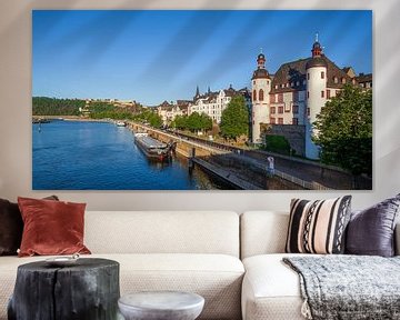 Fortress Ehrenbreitstein and Peter-Altmeier-Bank at the Mosel with old town in the evening light, Ko