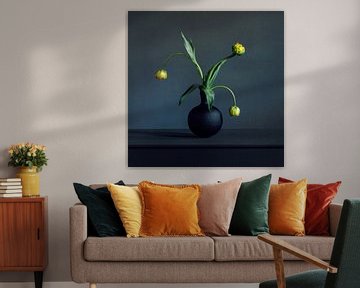 Yellow tulips in a black vase by Mariska Vereijken