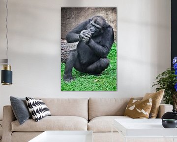 Een gorilla-aapje zit op het gras met gevouwen handen alsof ze iets rookt, verboden afbeelding