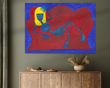 Blauw naakt op rode sofa van Wieland Teixeira