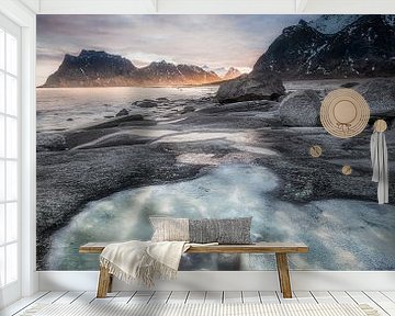 Landschap op de Lofoten met een kleine getijdenpoel. van Voss Fine Art Fotografie