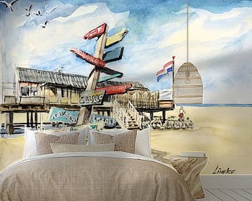 Strandtent aan zee Aquarel
