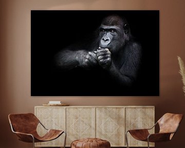 Het aandachtige gorilla wijfje zit houdend haar handen en doet iets dichtbij haar gezicht kijkt aand van Michael Semenov
