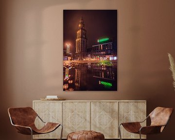 The Martinitoren in the night at the Grote Markt Groningen by Hessel de Jong