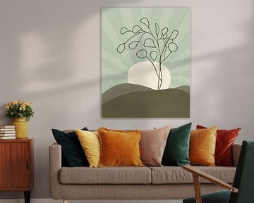 Minimalistische Landschaft mit einem Eukalyptusbaum und Sonnenstrahlen von Tanja Udelhofen