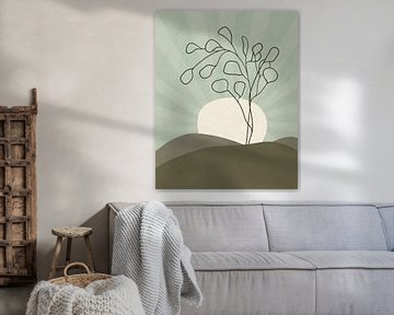 Minimalistische Landschaft mit einem Eukalyptusbaum und Sonnenstrahlen von Tanja Udelhofen
