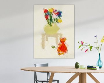 Blumenvase auf Tisch mit Katze von Joost Hogervorst
