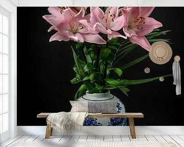 Modern Still Life Flowers in a Vase: Pink in Blue by By Marjolein Design
