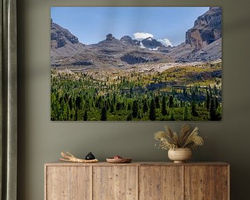 Weitblick von Wald in die hohen Berge in den Dolomiten von Leo Schindzielorz