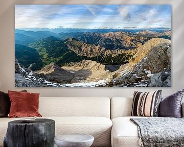 Panoramisch uitzicht vanaf Piza dales Nü in de Dolomieten van Leo Schindzielorz
