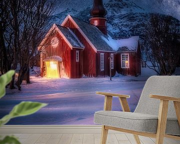 Kerk met sneeuw en sterren in Noorwegen / Lofoten. van Voss Fine Art Fotografie