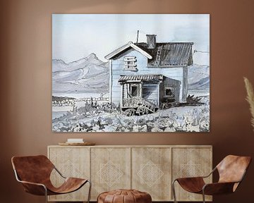 Huis aan Meer Gouache schilderij van Lineke Lijn