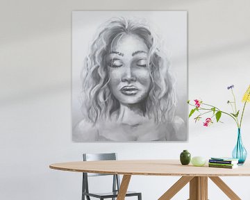Portret van vrouw met gesloten ogen, kunstwerk in grijstinten.