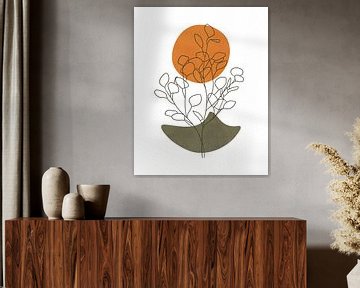 Minimalistische Landschaft mit einem Eukalyptusbaum und einer orangefarbenen Sonne von Tanja Udelhofen