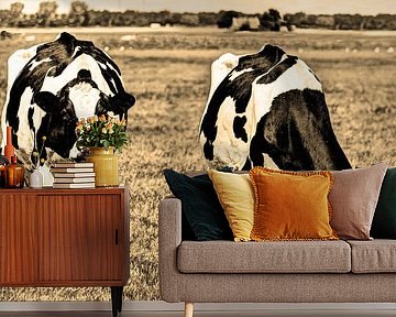 Zwartbont Koeien in de Weiland Sepia