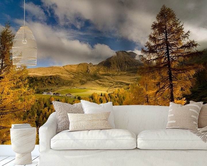 Sfeerimpressie behang: Goudgele lariksen brengen herfstkleuren in de bergen boven Meran. van Sean Vos