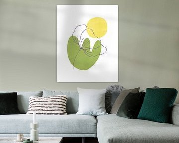 Minimalistisch landschap met een bloem en een zon