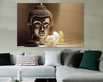 Buddha head with white roses