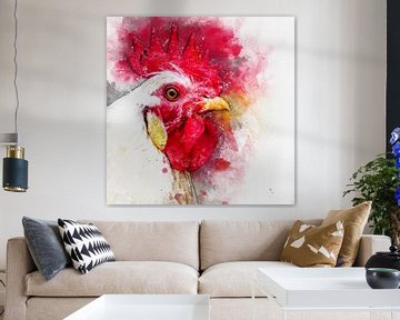 Porträt eines Hahns (Aquarell, rot und weiß) von Art by Jeronimo