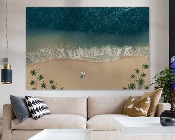 Aerial view of beach with palm trees and single beach lounger with parasol by Besa Art