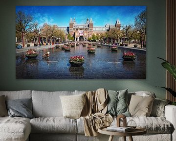 Tulpen aan voor het Rijksmuseum in Amsterdam Museumplein van Bart Ros