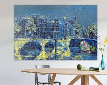 Stadsgezicht van Amsterdam Nederland in de stijl van een olieverf schilderij van Vincent van Gogh van Steven World Traveller