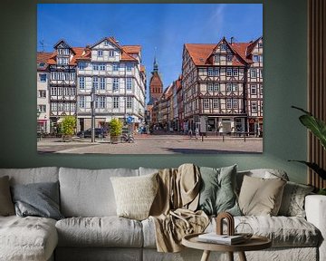 Altstadt mit Fachwerkhaeusern und Marktkirche am Holzmarkt mit Blick in die Kramerstrasse,  Hannover
