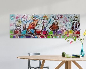 Katten op een muurtje Acryl schilderij cartoon stijl van Lineke Lijn
