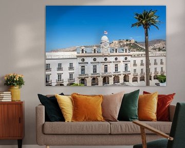 View of Almeria City Hall with a Moorish castle in the background, Andalusia, Spain, Europe by WorldWidePhotoWeb