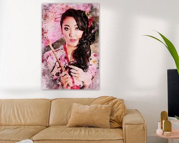 Asiatisches Modell mit rosa Regenschirm (Mischtechnik) von Art by Jeronimo