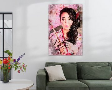Asiatisches Modell mit rosa Regenschirm (Mischtechnik) von Art by Jeronimo