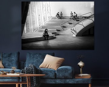 Black-and-white photograph of the inside of the hall of Arnhem central station by Bart Ros