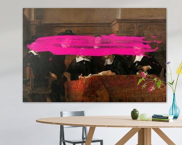 De Staalmeesters van Rembrandt van Rijn met een subtiel roze verfvlekje erin