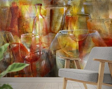 Feest - glazen en flessen in geel, goud en oker van Annette Schmucker