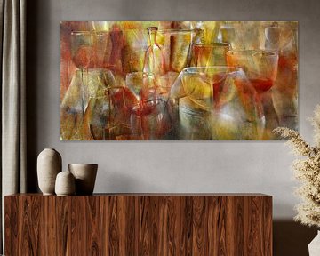 Party - glasses and bottles in yellow, gold and ochre by Annette Schmucker