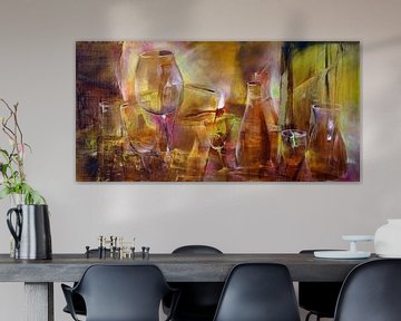 Party: bottles and glasses in red and gold by Annette Schmucker