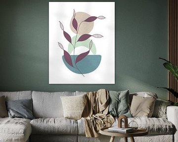 Minimalistische Landschaft mit einer Blattpflanze und drei Formen in hellen Farben von Tanja Udelhofen