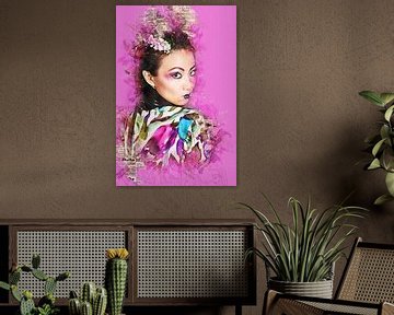 Portret van een geisha (mixed media, effen roze achtergrond) van Art by Jeronimo