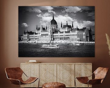 Budapest Parliament on Danube River Bank in Black and White by Andreea Eva Herczegh