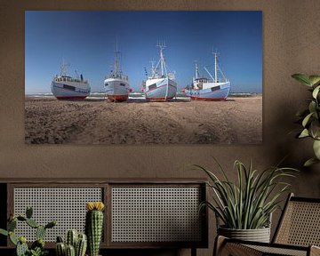 Vissersboten op het strand in Denemarken Thorup Strand