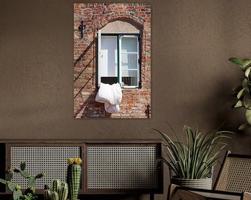 Old window with bed sheet, Old Town, Lübeck, Schleswig-Holstein, Germany, Europe by Torsten Krüger