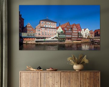 Façades de maisons historiques Am Stintmarkt, rivière Ilmenau, vieille ville, Lüneburg, Basse-Saxe, 