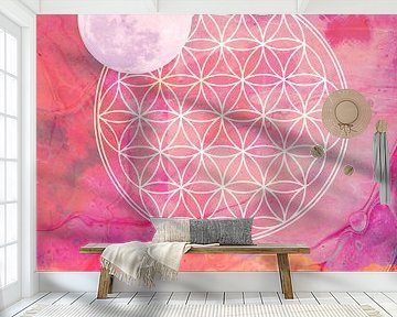 Roze maan & Flower of Life  | Geometrische print - spiritueel symbool -  Abstract Art in Roze &a van Marlou Westerhof