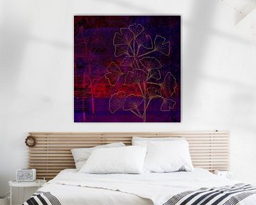 Ginkgo Biloba tak goud - Moderne abstracte kunst - Stilleven -  Paars Bordeaux Blauw van Marlou Westerhof