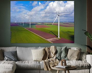 Luftaufnahme von Windrädern auf dem Lande in den Niederlanden von Eye on You