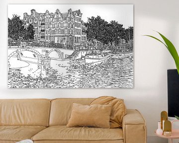 Pentekening Brouwersgracht Prinsengracht Jordaan Amsterdam Nederland Goud Tekening Lijntekening