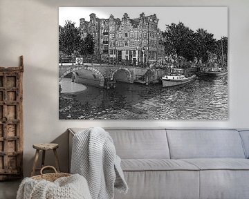 Pendrawing Brouwersgracht Prinsengracht Jordaan Amsterdam Pays-Bas Dessin en or Dessin au trait Noir