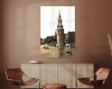 FederzeichnungAmstel Montelbaanstoren Amsterdam Niederlande Strichzeichnung Sepia