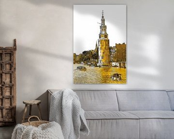 PendrawingAmstel Montelbaanstoren Amsterdam Niederlande Strichzeichnung Gold von Hendrik-Jan Kornelis